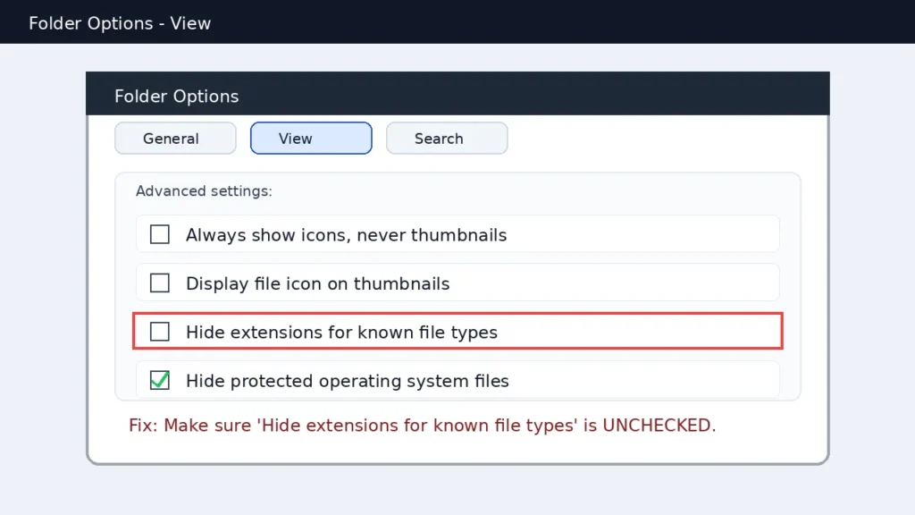 Folder Options view settings showing hide extensions for known file types unchecked to reveal file extensions