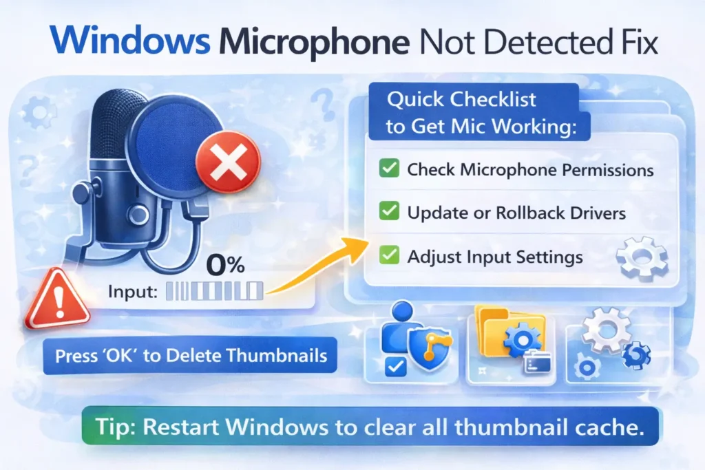 Windows microphone not detected fix thumbnail showing input level at zero and a quick checklist for permissions drivers and settings