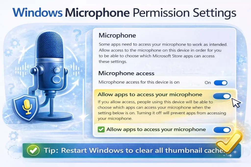 Windows microphone permission settings screen showing microphone access and allow apps toggles turned on
