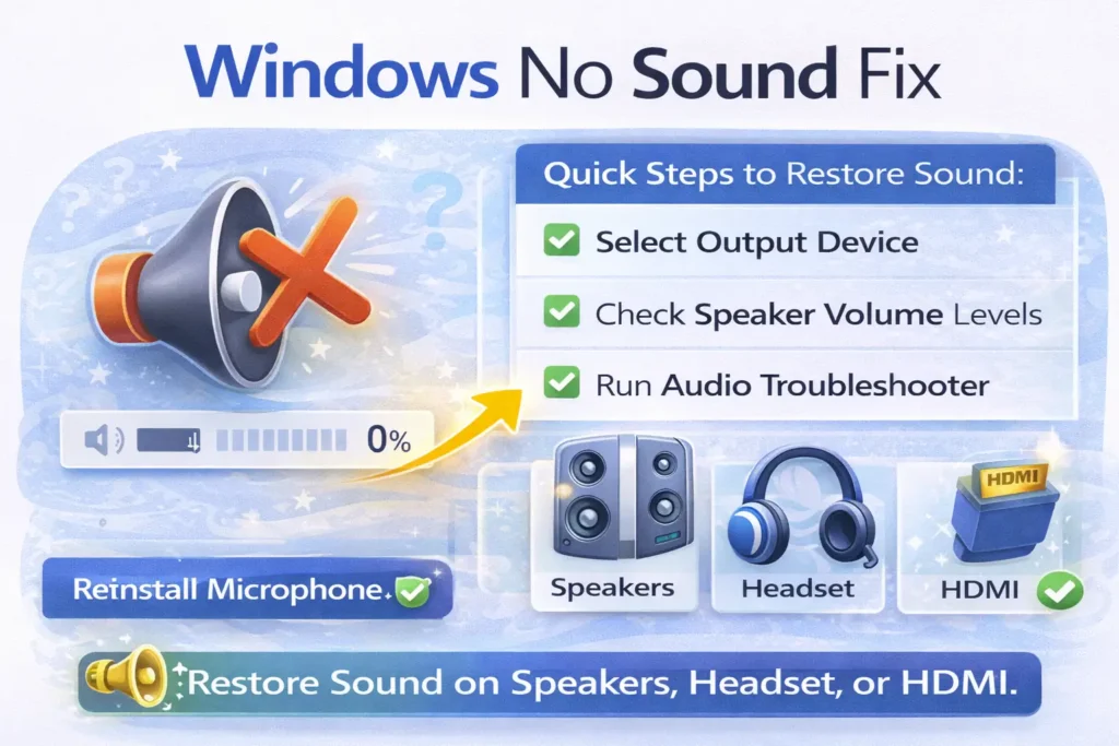 Windows no sound fix thumbnail showing muted speaker icon and quick steps for output device speakers headset and HDMI