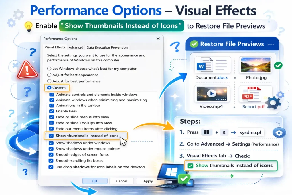 Performance Options visual effects screen highlighting show thumbnails instead of icons enabled to restore file previews