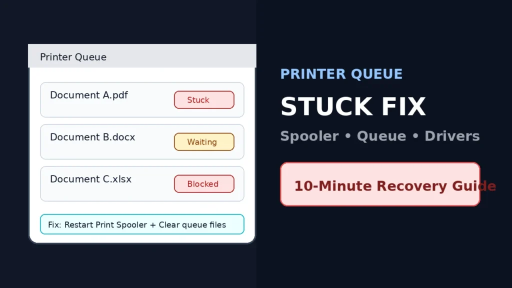 Windows printer queue stuck fix thumbnail showing blocked print jobs and quick recovery steps for Print Spooler and queue cleanup