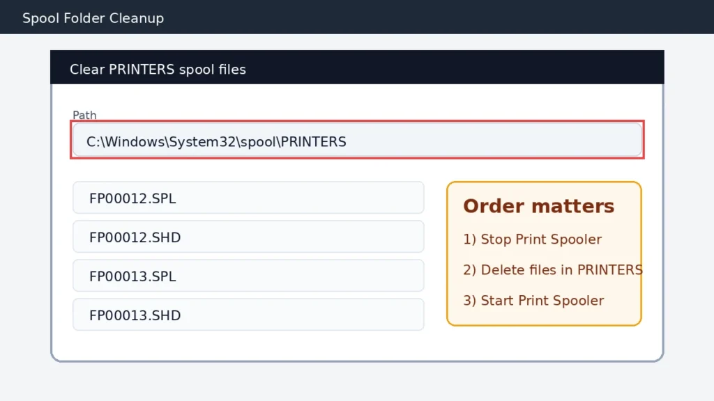Windows spool folder cleanup screen showing PRINTERS path and the correct order to stop spooler delete spool files and restart service