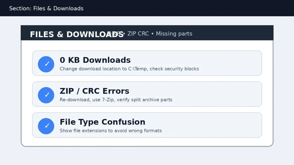 Files and downloads section banner highlighting 0 KB downloads ZIP CRC errors and showing file extensions as a quick fix