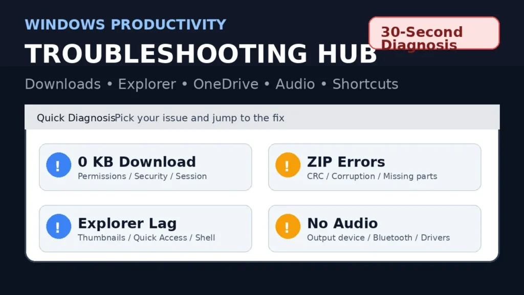 Windows productivity troubleshooting hub thumbnail with quick diagnosis tiles for 0 KB downloads ZIP errors Explorer lag and no audio