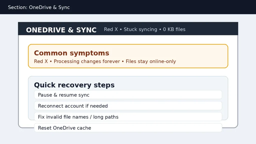 OneDrive sync section banner showing red X stuck syncing and 0 KB files with quick recovery steps like pause resume and reset