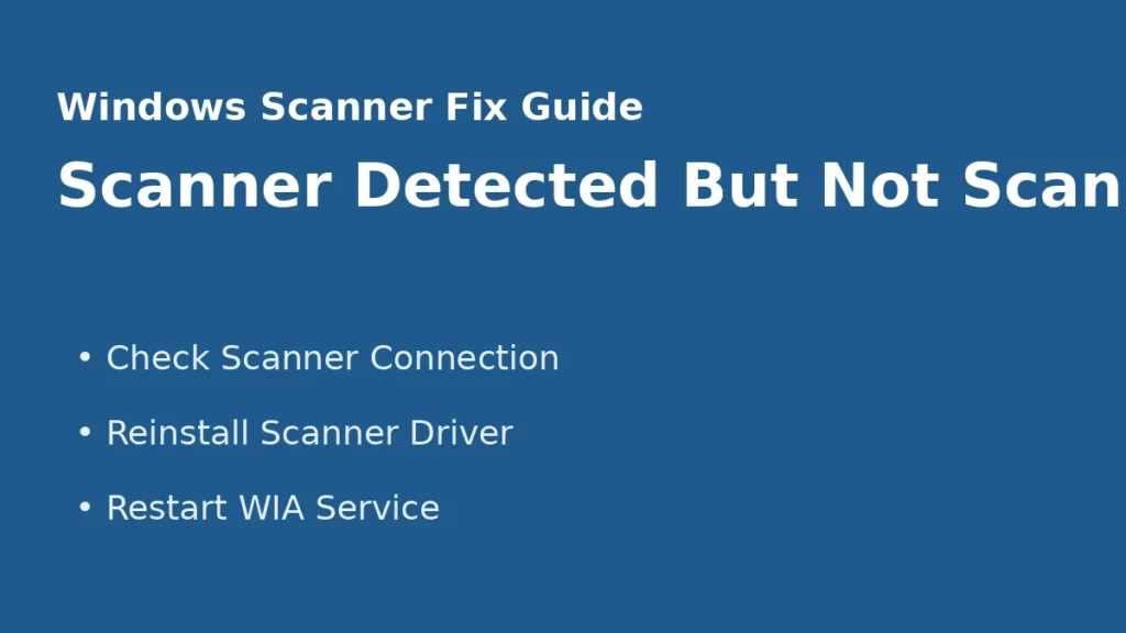 Windows scanner detected but not scanning fix guide showing driver reinstall and WIA service troubleshooting