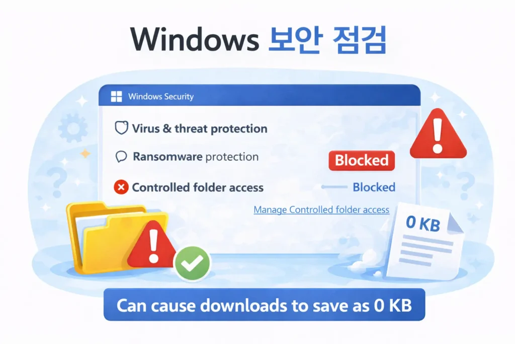 Windows Security screen showing Controlled Folder Access blocked status that can cause downloads to save as 0 KB