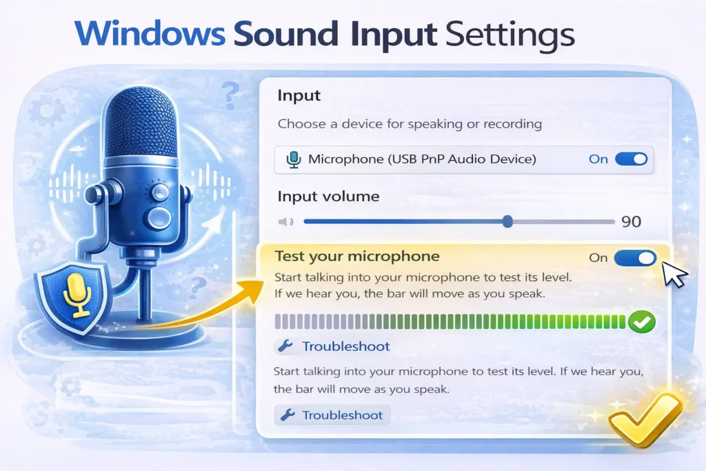 Windows sound input settings showing selected microphone device input volume and a level meter test