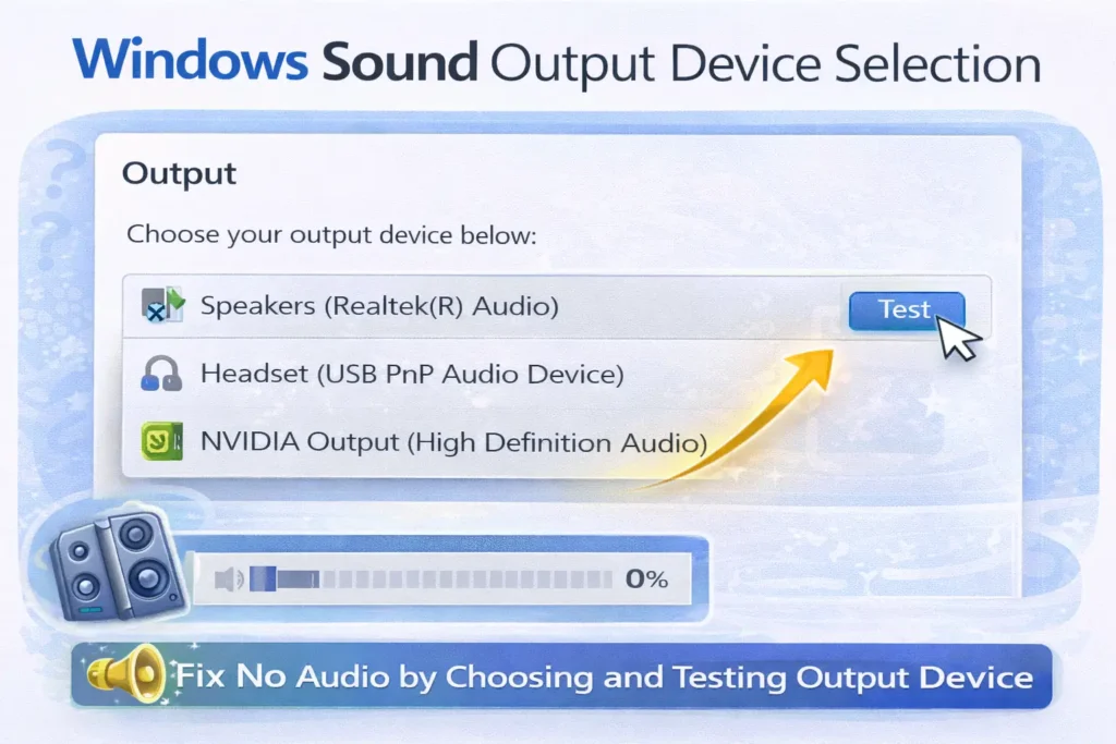 Windows sound output device selection screen showing choose output device and test button to fix no audio