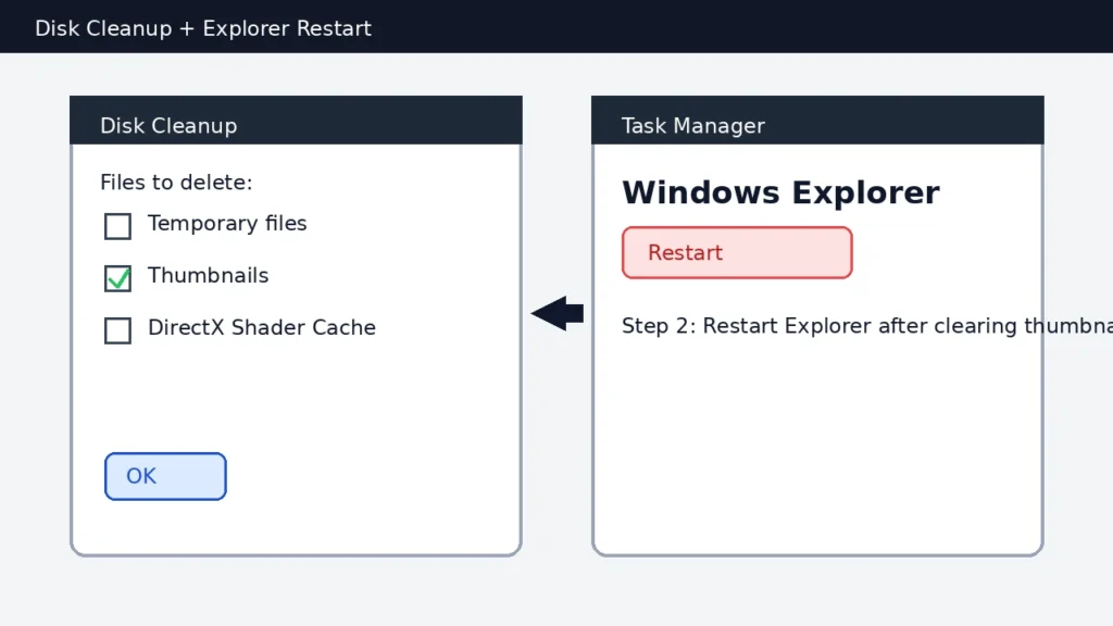 Disk Cleanup thumbnail cache delete and Task Manager restart Explorer steps to fix slow folders and preview lag