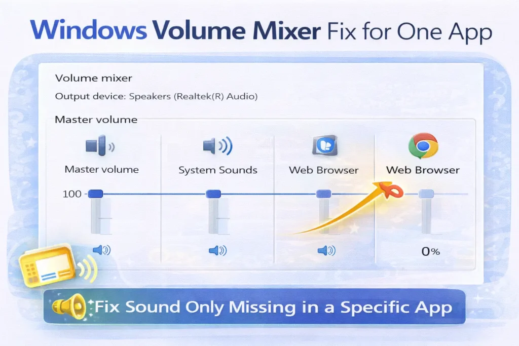 Windows volume mixer screen showing one app muted and slider at zero for fixing sound only missing in a specific app