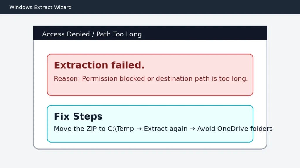 Windows extraction failed screen showing access denied or path too long issue with C:\\Temp workaround