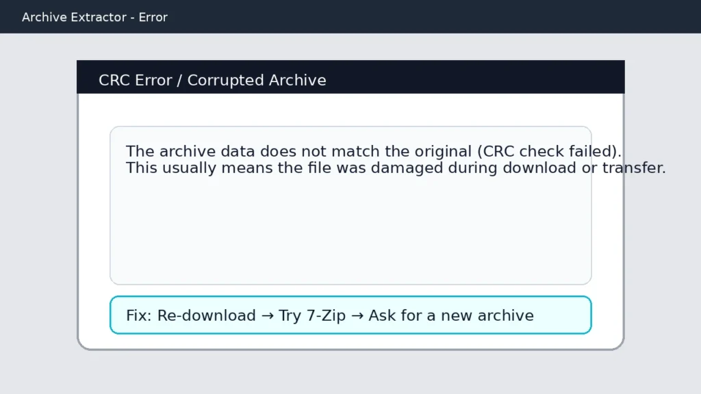 CRC error and corrupted archive message screen explaining damaged ZIP download and the quick fix steps