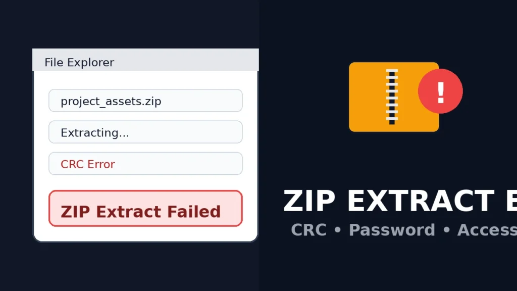 ZIP extract error fix thumbnail showing CRC error, password issue, and access denied causes for Windows unzip troubleshooting